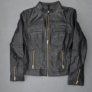 Black Rivet Moto Jacket Women's L Wilson Leather Black Racer Chic Gold Zippers